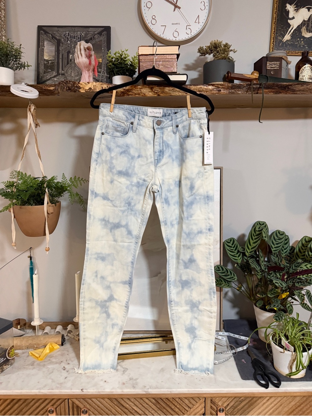 NWT Parker Smith Ava Skinny Jeans in Antigua - Light Blue and White Tie-Dye